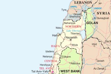 Map of nothern Israel and Israel's borders with Lebanon, Syria, and Jordan. Source: Wikimedia Commons