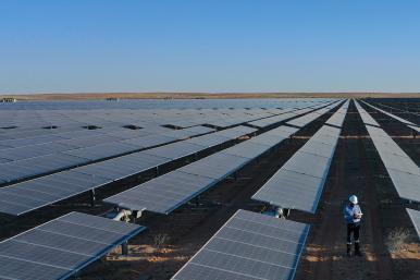 A worker monitors panels in a Saudi solar energy field - source: Kingdom of Saudi Arabia