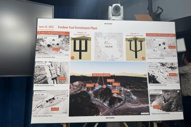 A poster at a Pentagon briefing depicts the U.S. bombing attack on Iran's Fordow uranium enrichment facility in July 2025 - source: Reuters