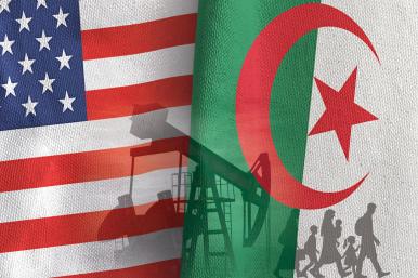 U.S. flag and Algerian flag; silhouettes of oil rig, migrant families