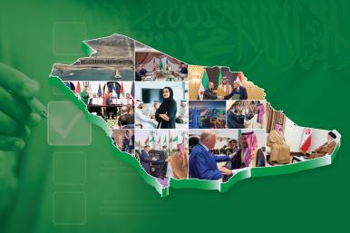 Montage within Saudi Arabia map, including Muhammad bin Salman, Ahmed al-Sharaa, Trump, others.