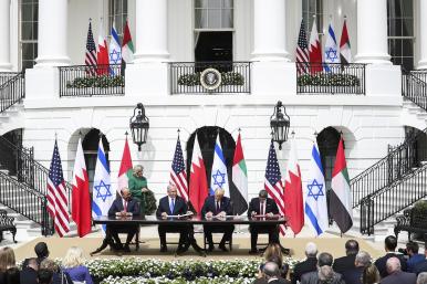 Leaders of the United States, Israel, Bahrain, and the UAE sign the Abraham Accords at the White House in 2020 - source: Reuters