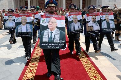 Photo of a Houthi funeral in Yemen following an Israeli strike that killed multiple government officials.
