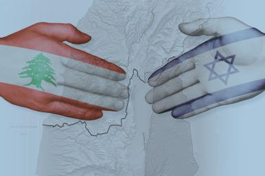 Flags of Israel and Lebanon painted on hands outstretched to each other, overlaying map of Israel-Lebanon border and beyond.