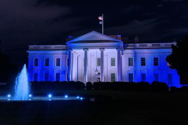 The White House is lit in blue and white, the colors of the Israeli flag, in a display of solidarity following the Hamas terrorist attacks of October 7, 2023 - source: The White House