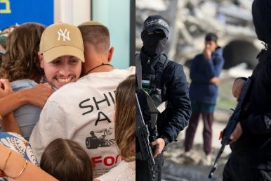Split screen: (left) Israeli hostage Eitan Abraham Mor after his release by Hamas on October 13, 2025; right: a Hamas militant outside of Gaza City in December.