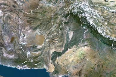 A satellite map with political borders overlaid shows Afghanistan, Iran, and Pakistan - source: Reuters