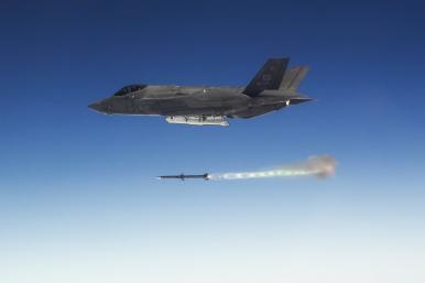 A USAF F-35 launches a missile in flight - source: Department of Defense