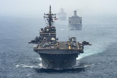USS Boxer leads U.S. Navy ships transiting the Strait of Hormuz - source: Department of Defense