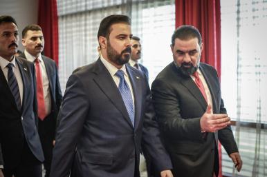 Haibat al-Halbousi (R), Speaker of the Iraqi Parliament, welcomes Iraqi Prime Minister-designate Ali al-Zaidi (L) at the parliament building ahead of a parliamentary session for a confidence vote on the cabinet formed by al-Zaidi - source: Reuters