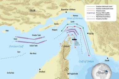 Screenshot of a map showing shipping routes through the Strait of Hormuz.