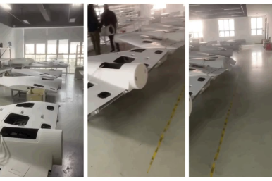 Screen grab showing an Iranian warehouse where Shahed-136 drone airframes are being assembled.