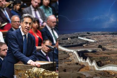 At left, UK Foreign Secretary Ed Miliband addresses Parliament on September 8; at right, a stormy sky looms over the West Bank separation fence.