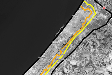 Excerpt of map showing the postwar Orange and Yellow lines in Gaza.