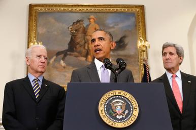 President Barack Obama speaks at the White House alongside Vice President Joe Biden and Secretary of State John Kerry