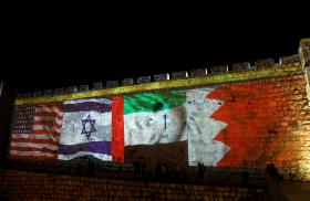 U.S., Israeli, Bahraini, and Qatari flags on a mural celebrating the Abraham Accords