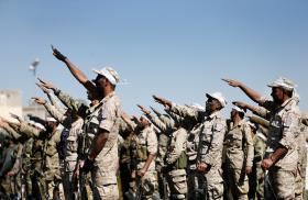 Houthi fighters rally in Sanaa, Yemen