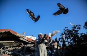 A Palestinian man in Gaza releases pigeons