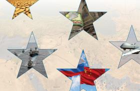 Stars: cracked earth climate change, U.S. military insignia, tankers, drone
