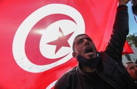 A supporter of Tunisia's Islamist Ennahda Party protests against the Tunisian president's 2022 coup - source: Reuters