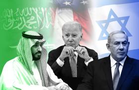 Saudi crown prince Muhammad bin Salman, President Biden, Israeli prime minister Binyamin Netanyahu (with backdrop of national flags)