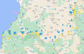 Thumbnail image of Google Map depicting Israeli and Hezbollah strikes across the Israel-Lebanon border since October 7, 2023