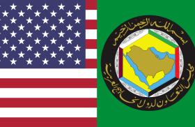 A photo illustration shows flags representing the United States and the Gulf Cooperation Council