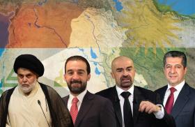 Iraqi politicians Muqtada al-Sadr, Mohammed al-Halbousi, Bafel Talabani, and Masrour Barzani.