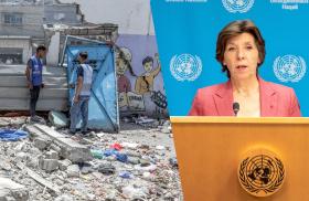 UNRWA workers at Nuseirat camp, Gaza, after Israeli strike (left); French diplomat Catherine Colonna (right)