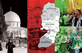 (left to right) al-Aqsa Mosque, Jerusalem; an Israeli tank in Ramallah; Hamas (top) and Fatah (bottom) protests in Hebron