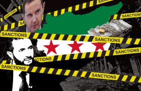 Map of Syria, sanctions "tape," new Syrian flag, Bashar al-Assad, Ahmed al-Sharaa (Muhammad al-Jolani)