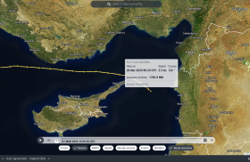 Screenshot from MarineTraffic shows tracks of the Marina between Cyprus and Syria on March 28, 2025. 