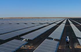 A worker monitors panels in a Saudi solar energy field - source: Kingdom of Saudi Arabia