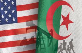 U.S. flag and Algerian flag; silhouettes of oil rig, migrant families