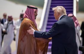 President Trump shakes hands with Saudi Crown Prince Mohammed bin Salman as he prepares to depart from Riyadh in May 2025 - source: The White House