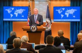 U.S. Syria envoy Ambassador James Jeffrey speaks to reporters at the State Department in Washington, DC, in 2020 - source: Reuters