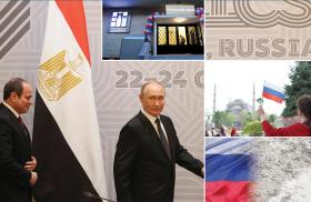 Montage: Presidents Sisi (Egypt) and Putin (Russia) at the 2024 BRICS summit; a woman holds a Russian flag in Istanbul; a Russia House cultural center in Syria; a map image superimposing Russian flag over Africa/Middle East.