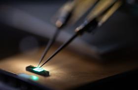 Photo of a probe testing an indium-based quantum sensor.