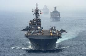 USS Boxer leads U.S. Navy ships transiting the Strait of Hormuz - source: Department of Defense
