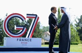 France's President Macron greets the UAE's President Mohamed bin Zayed at the 2026 G-7 summit - source: Reuters
