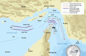 Screenshot of a map showing shipping routes through the Strait of Hormuz.