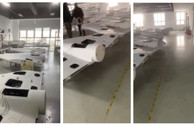 Screen grab showing an Iranian warehouse where Shahed-136 drone airframes are being assembled.