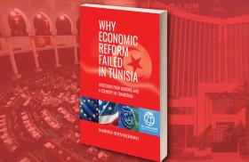 Against parliamentary hall backdrop, book cover includes Tunisian flag imagery at top, EU, USA, IMF, World Bank imagery at bottom. 