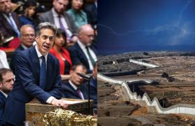At left, UK Foreign Secretary Ed Miliband addresses Parliament on September 8; at right, a stormy sky looms over the West Bank separation fence.