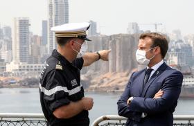 Frech president Emmanuel Macron inspects the site of the Beirut port explosion
